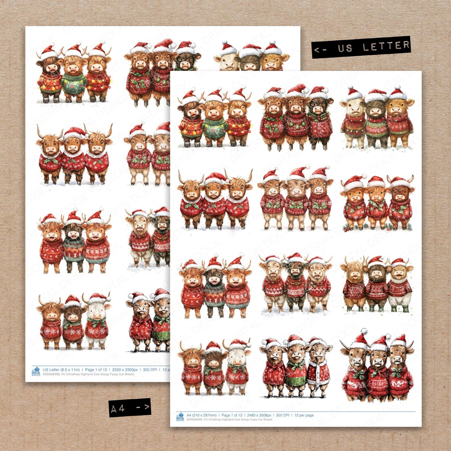A4 and US Letter format comparison showing Christmas Highland Cow Group fussy cut pages for print and cut crafting
