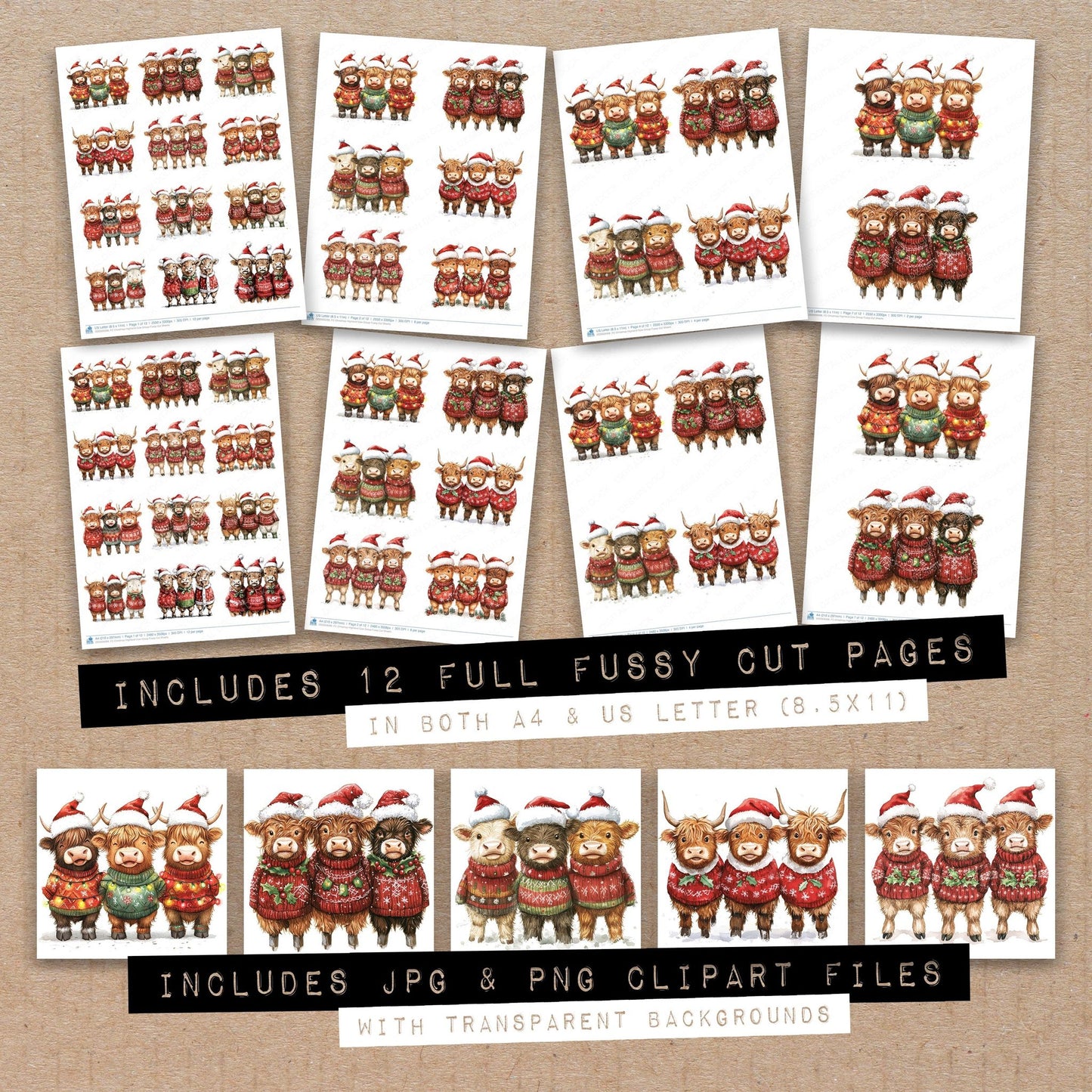 Full collection view of Christmas Highland Cow Group fussy cut sheets with bonus clipart JPG and PNG files
