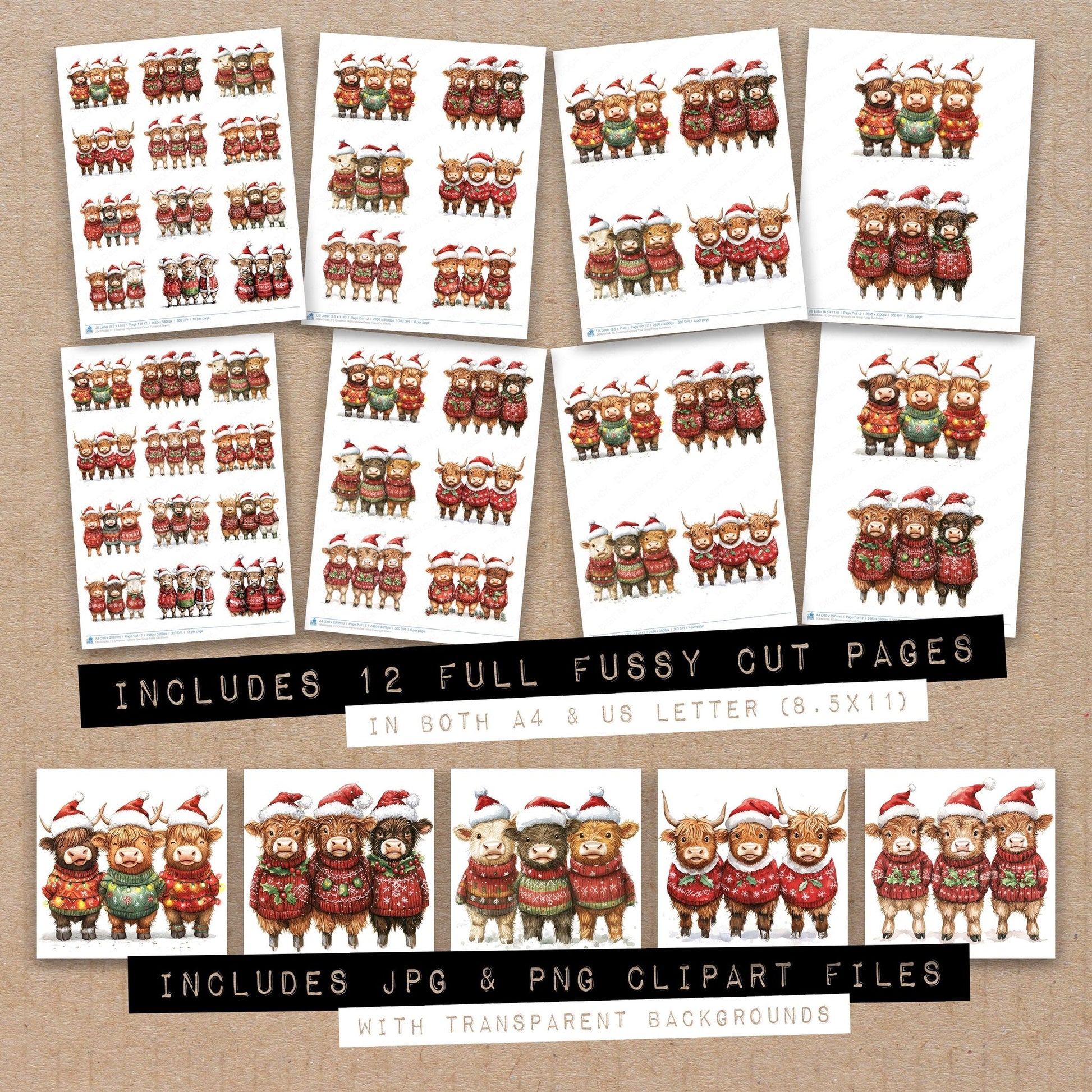 Full collection view of Christmas Highland Cow Group fussy cut sheets with bonus clipart JPG and PNG files