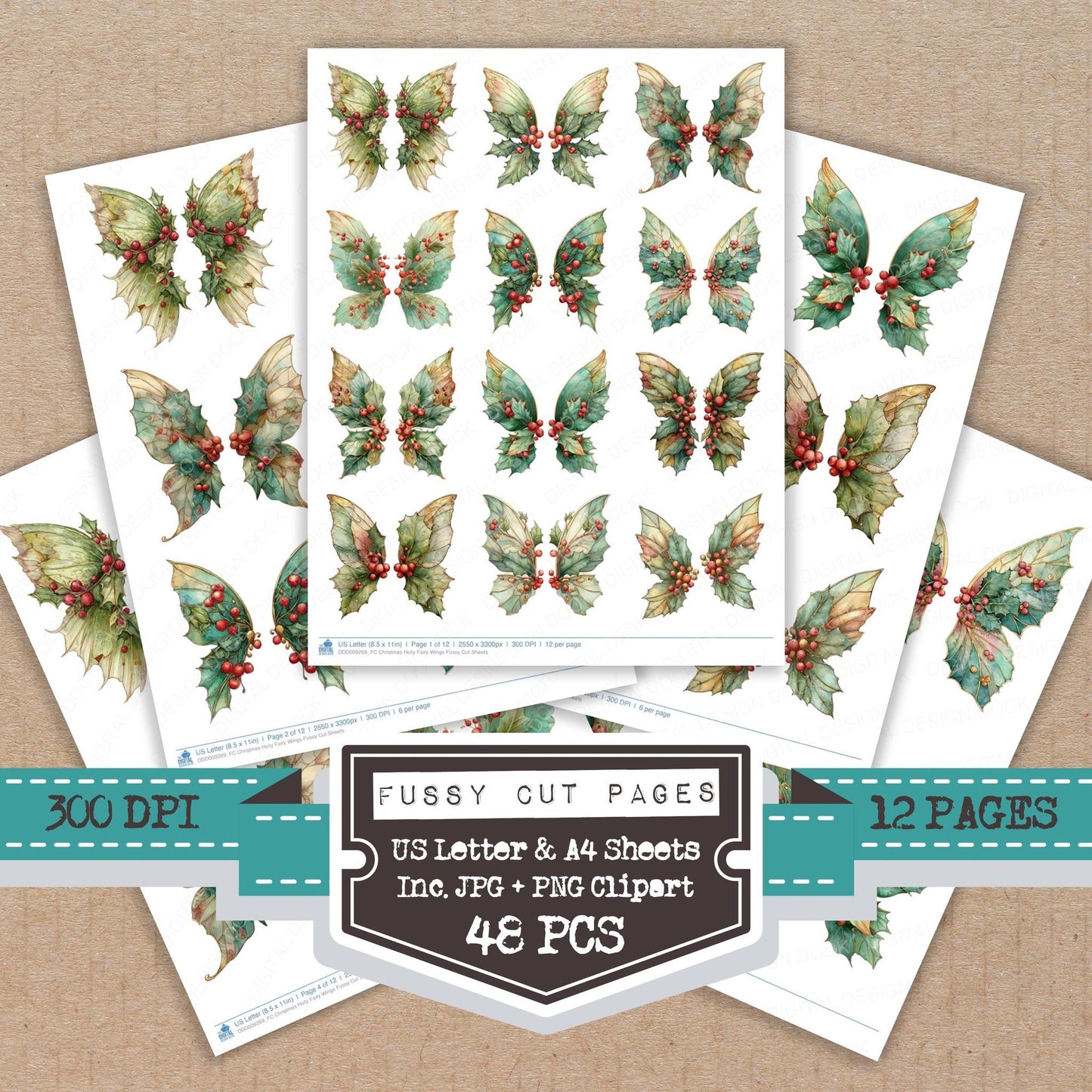 Christmas Holly Fairy Wings Fussy Cut Sheets (DDD009269)