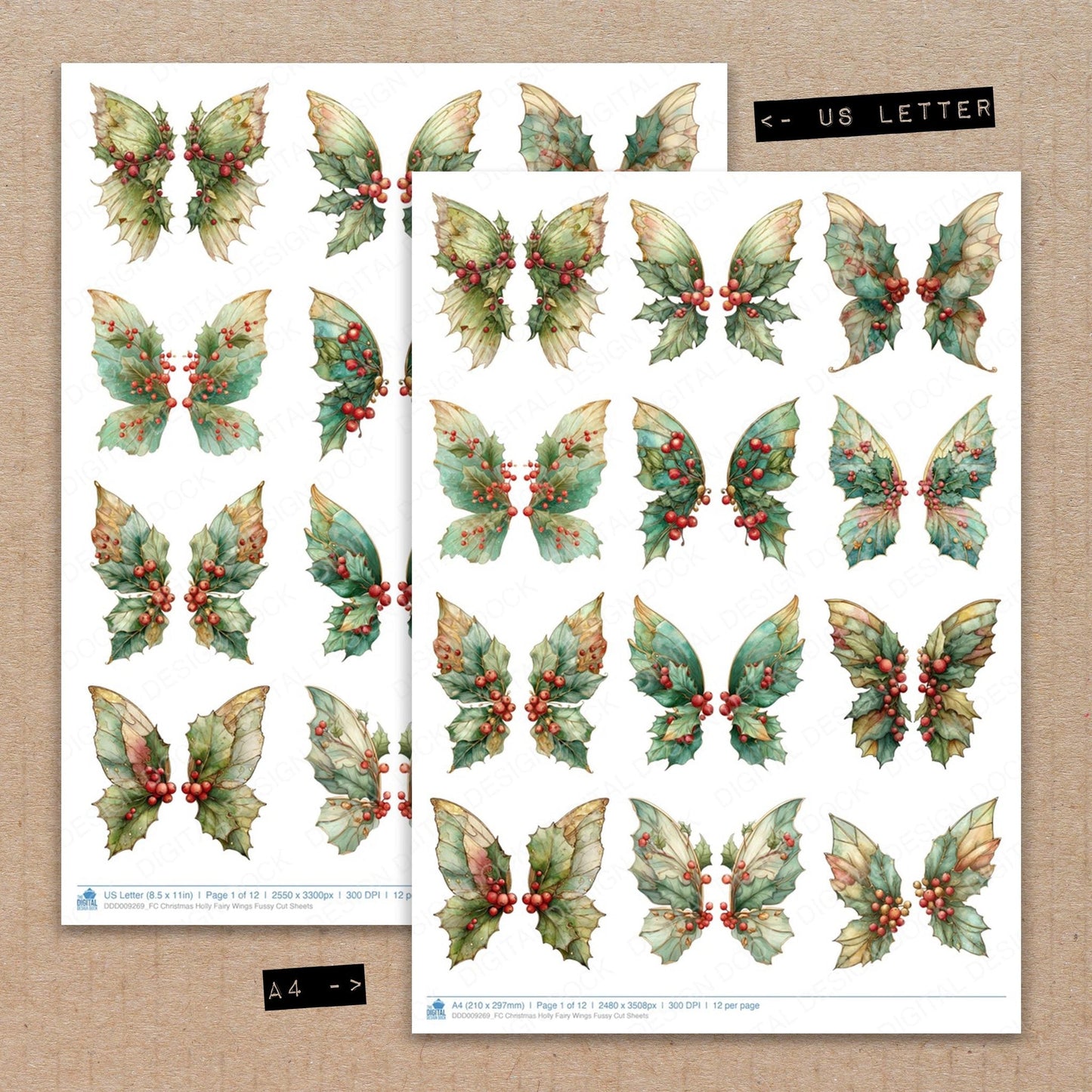 Christmas Holly Fairy Wings Fussy Cut Sheets (DDD009269)