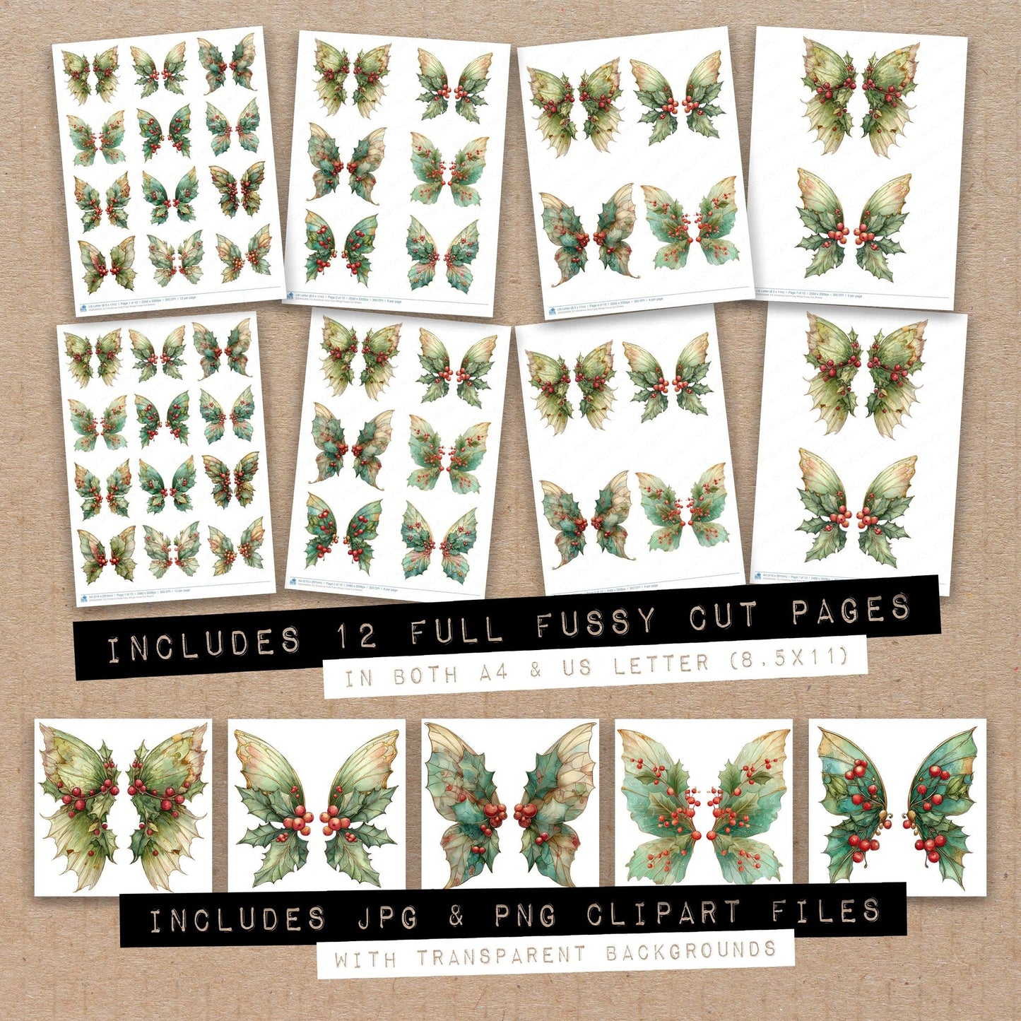 Christmas Holly Fairy Wings Fussy Cut Sheets (DDD009269)