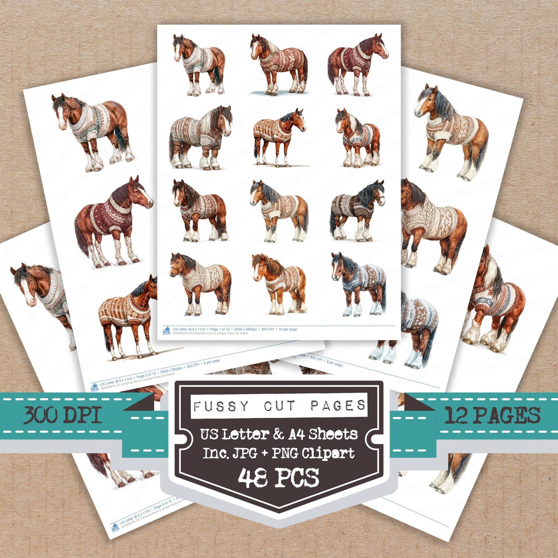 Christmas Horse in Jumper fussy cut printable sheets for junk journaling, scrapbooking, and paper craft projects