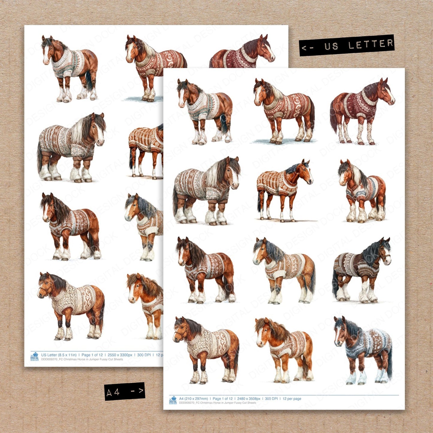 A4 and US Letter format comparison showing Christmas Horse in Jumper fussy cut pages for print and cut crafting