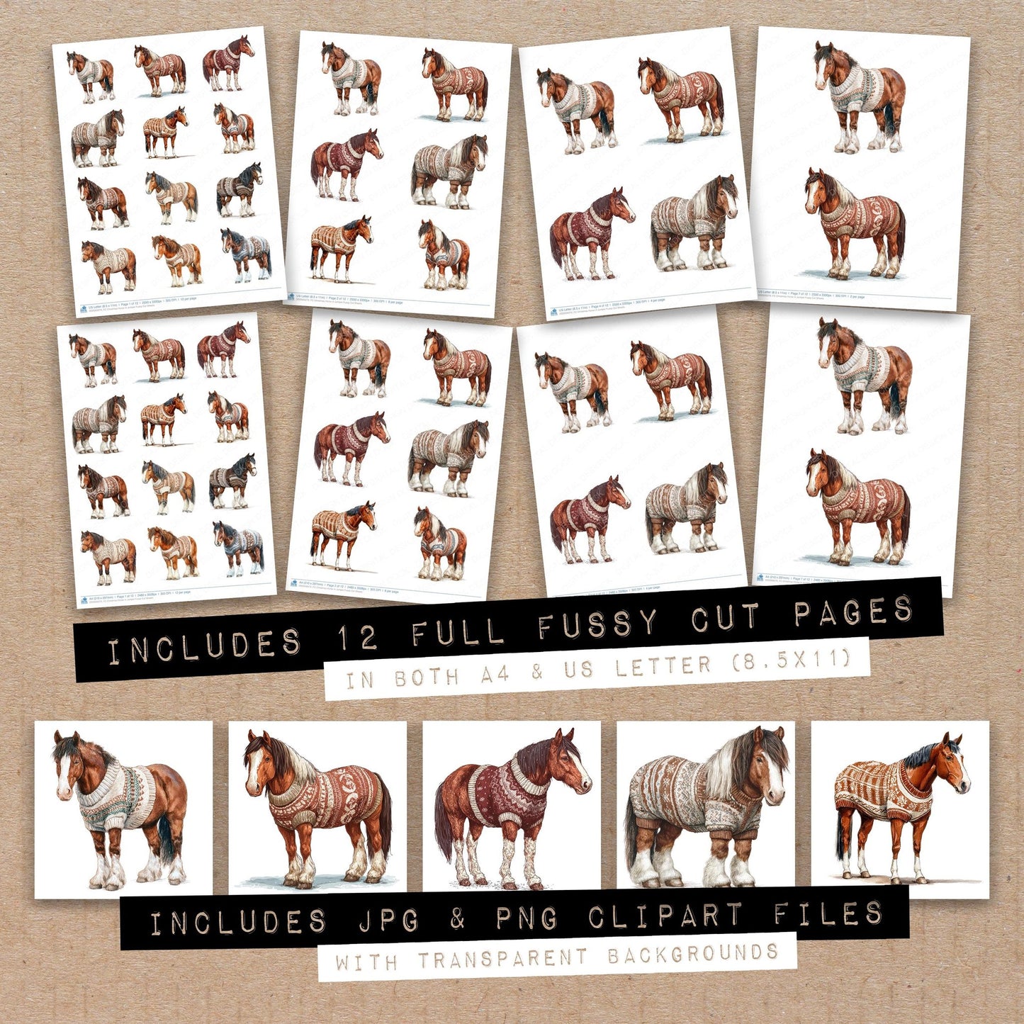Full collection view of Christmas Horse in Jumper fussy cut sheets with bonus clipart JPG and PNG files