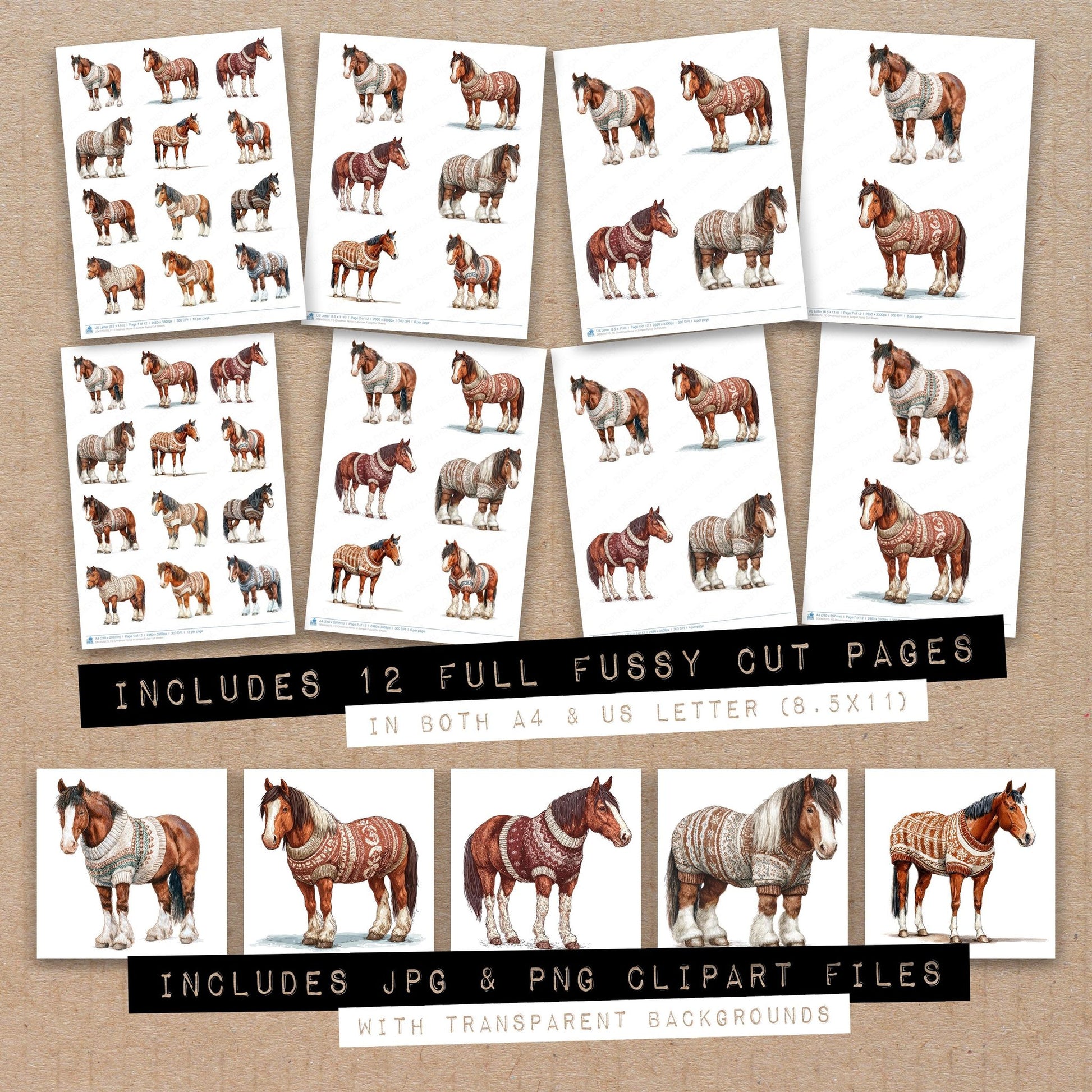 Full collection view of Christmas Horse in Jumper fussy cut sheets with bonus clipart JPG and PNG files