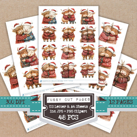 Christmas Hugging Highland Cow fussy cut printable sheets for junk journaling, scrapbooking, and paper craft projects