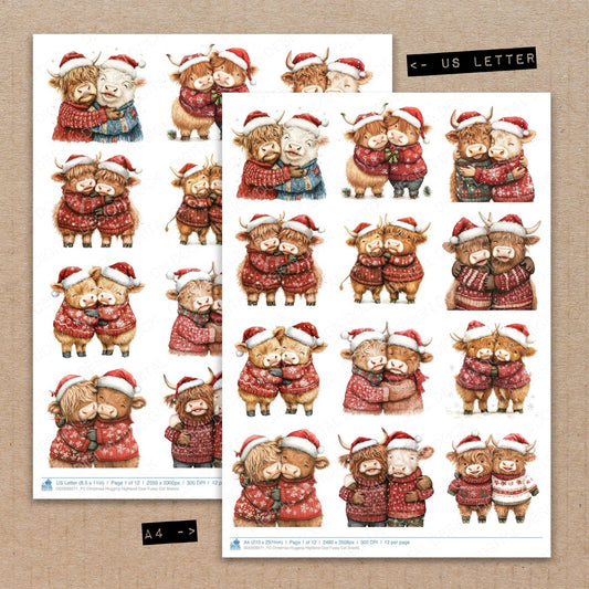A4 and US Letter format comparison showing Christmas Hugging Highland Cow fussy cut pages for print and cut crafting