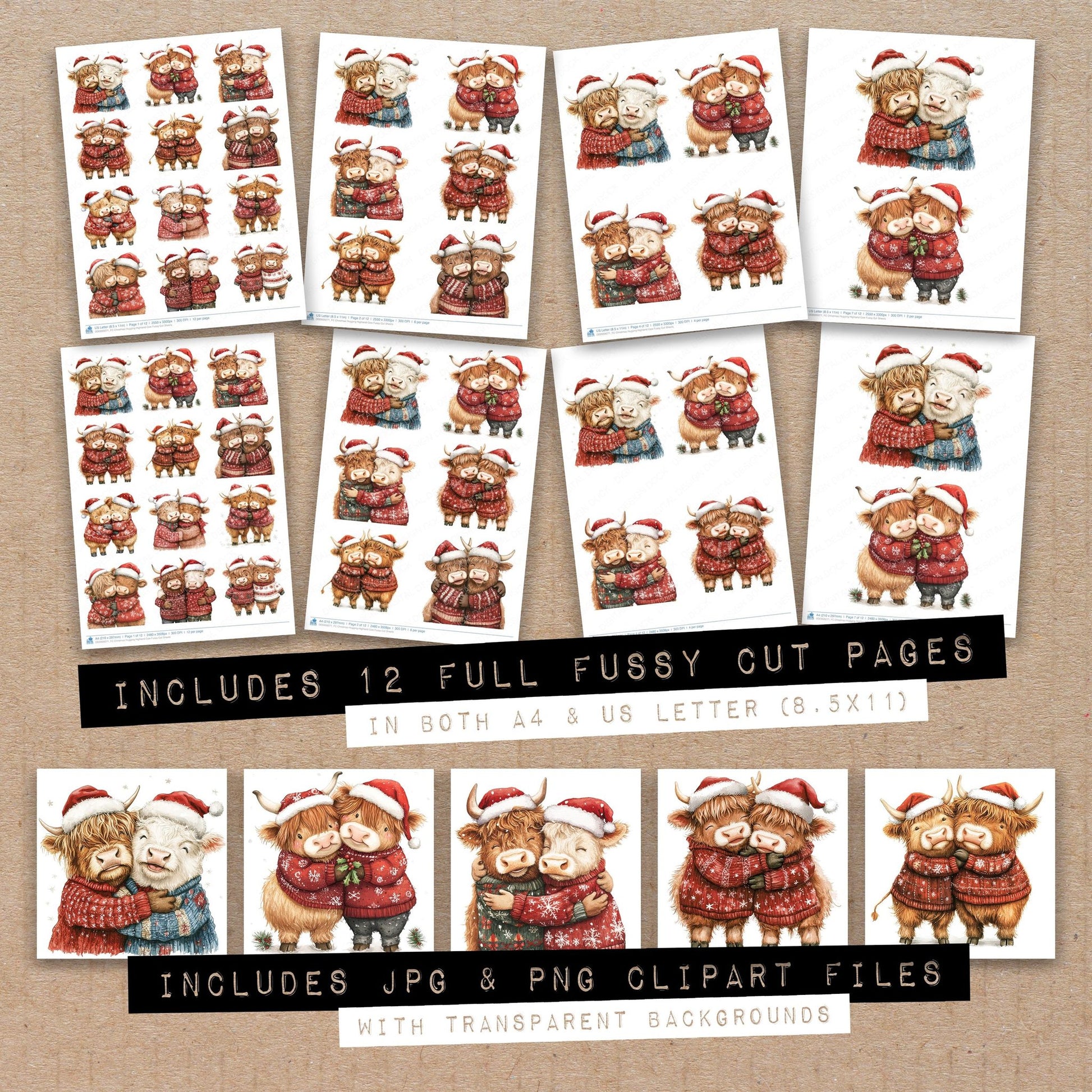 Full collection view of Christmas Hugging Highland Cow fussy cut sheets with bonus clipart JPG and PNG files