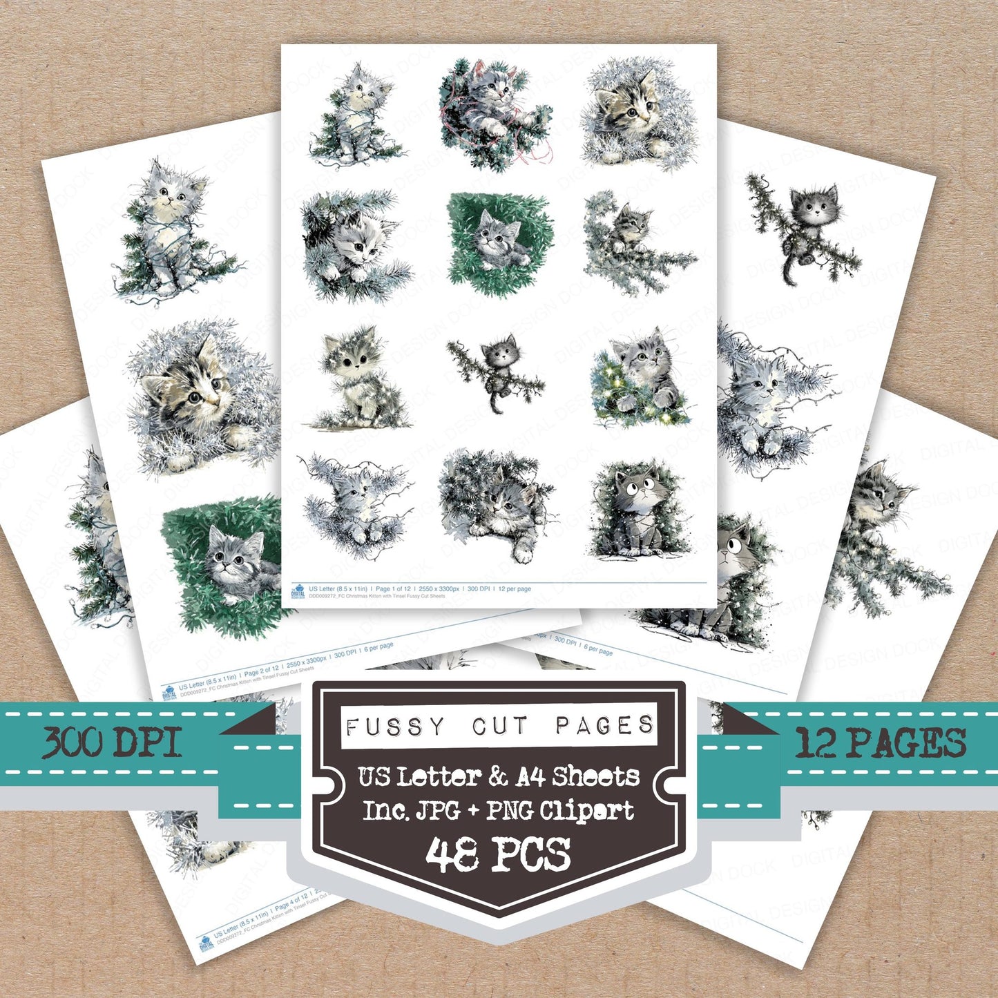 Christmas Kitten with Tinsel fussy cut printable sheets for junk journaling, scrapbooking, and paper craft projects
