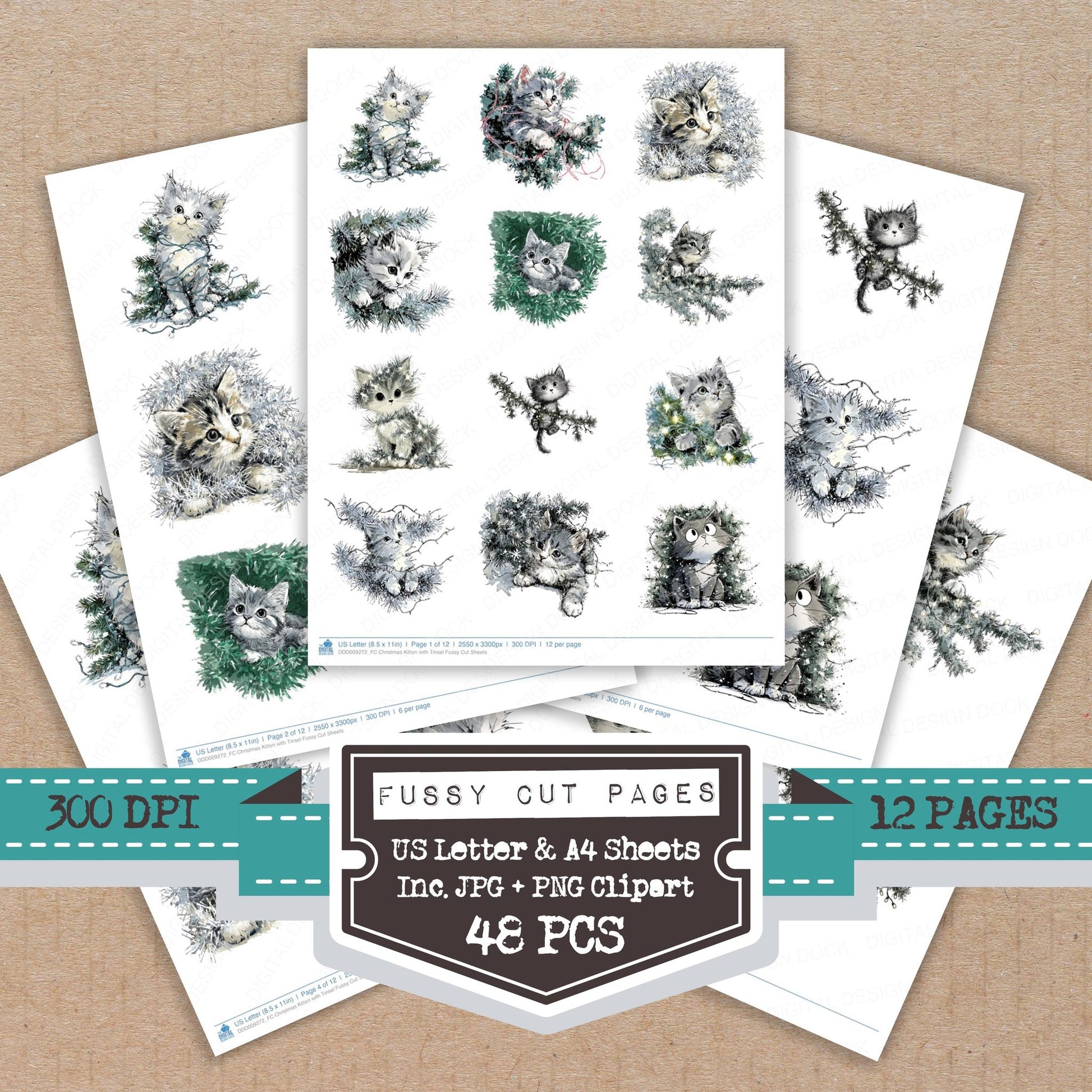 Christmas Kitten with Tinsel fussy cut printable sheets for junk journaling, scrapbooking, and paper craft projects