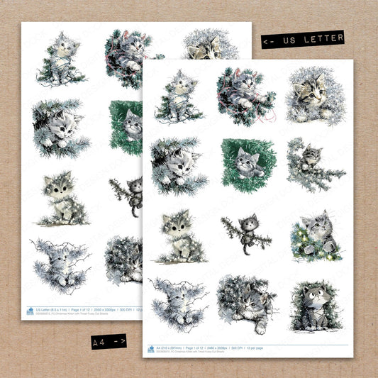 A4 and US Letter format comparison showing Christmas Kitten with Tinsel fussy cut pages for print and cut crafting