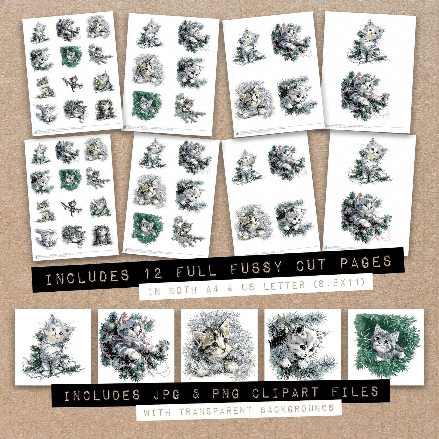 Full collection view of Christmas Kitten with Tinsel fussy cut sheets with bonus clipart JPG and PNG files
