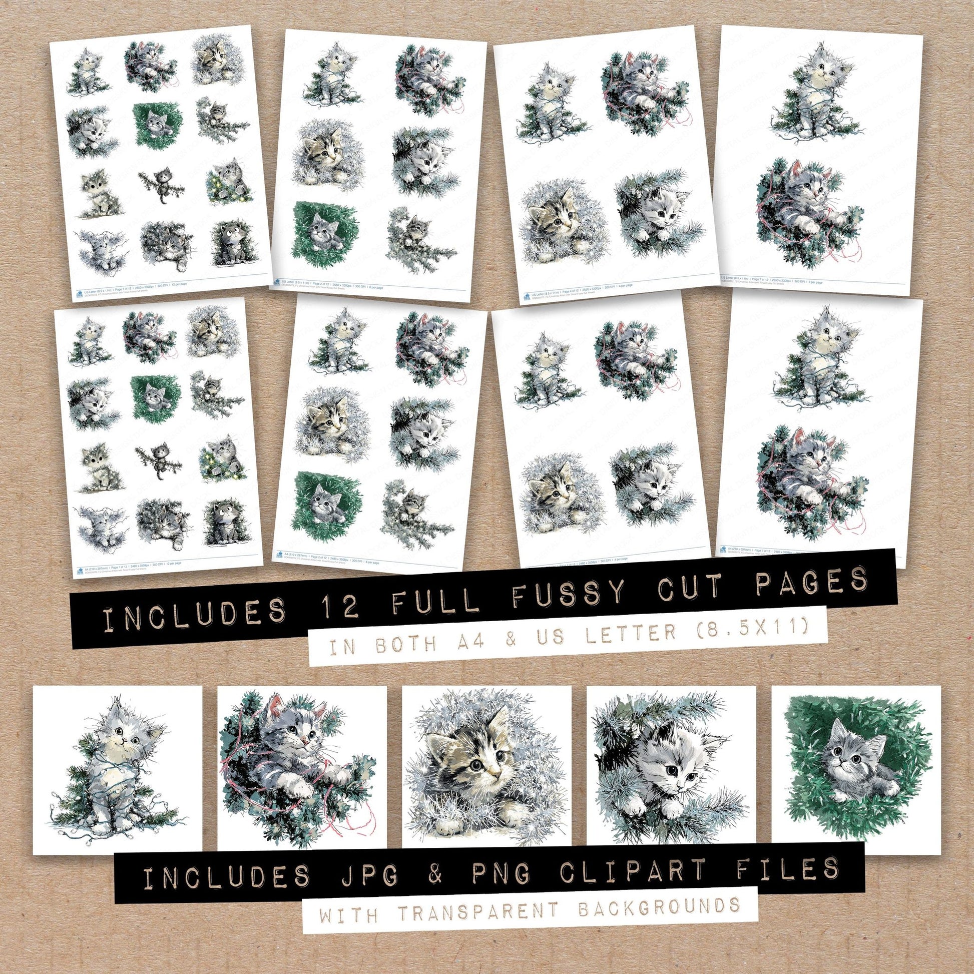 Full collection view of Christmas Kitten with Tinsel fussy cut sheets with bonus clipart JPG and PNG files