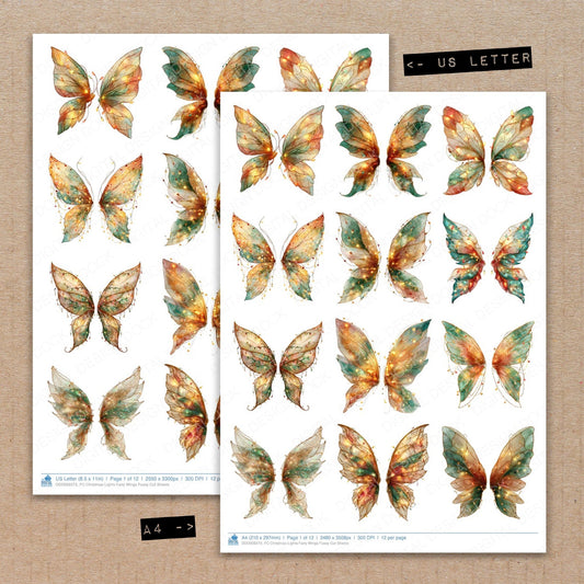 A4 and US Letter format comparison showing Christmas Lights Fairy Wings fussy cut pages for print and cut crafting