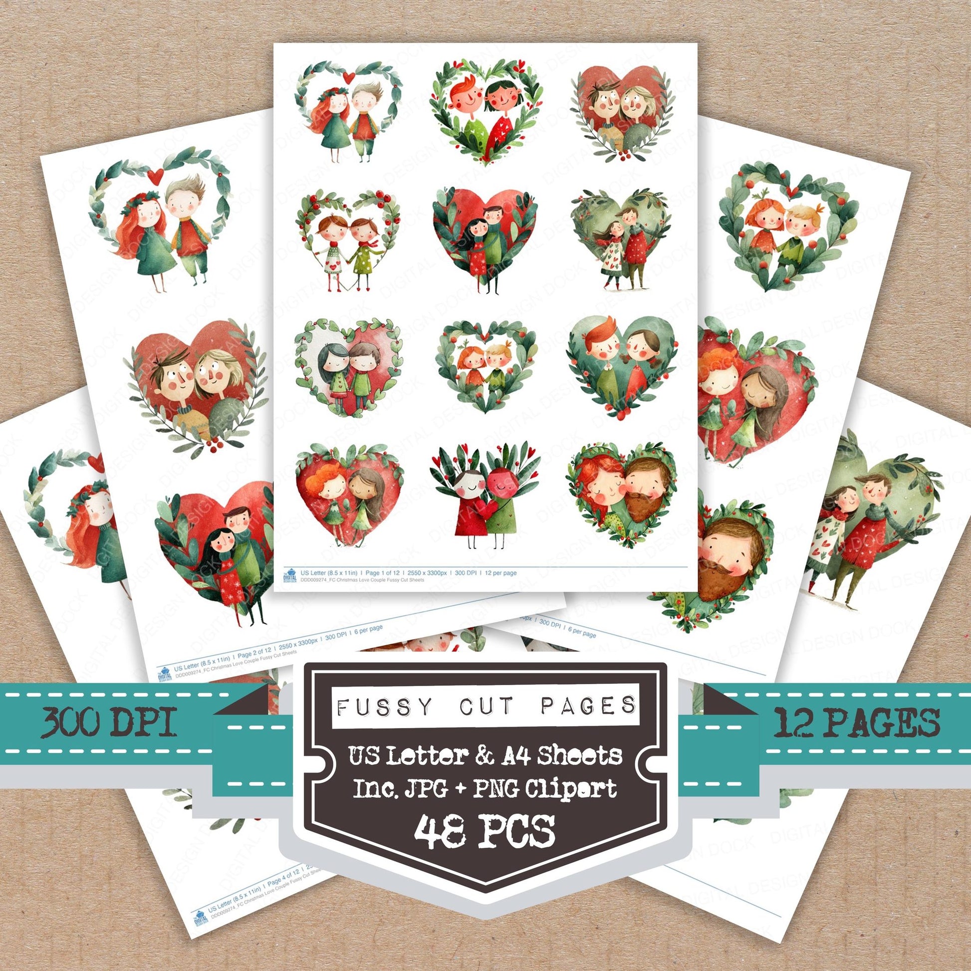 Christmas Love Couple fussy cut printable sheets for junk journaling, scrapbooking, and paper craft projects
