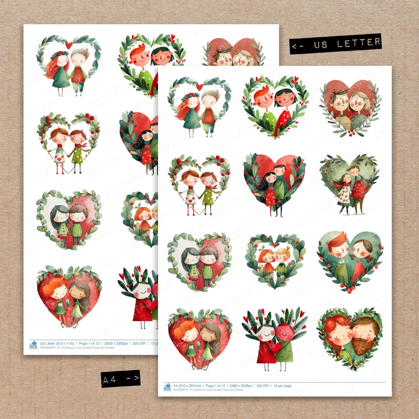 A4 and US Letter format comparison showing Christmas Love Couple fussy cut pages for print and cut crafting
