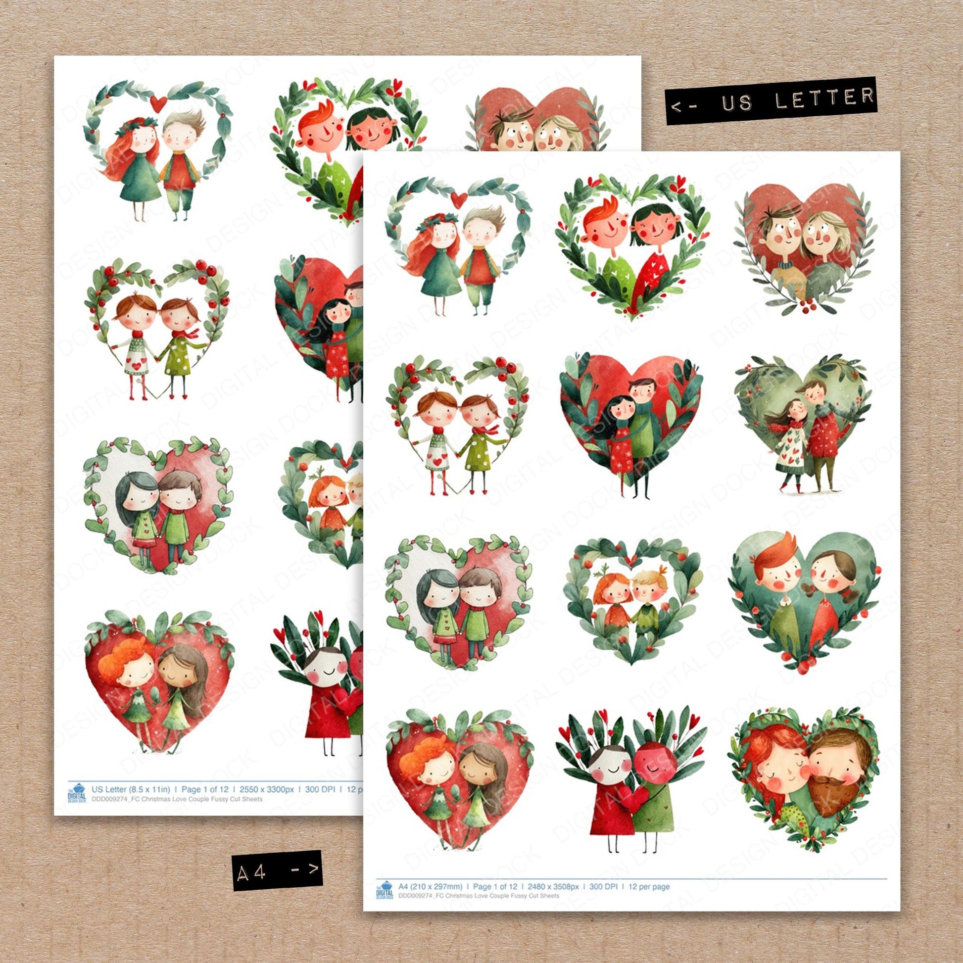 A4 and US Letter format comparison showing Christmas Love Couple fussy cut pages for print and cut crafting