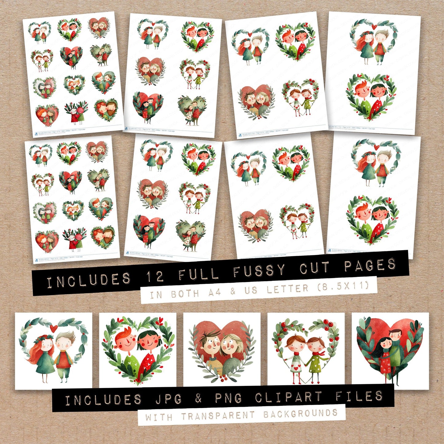 Full collection view of Christmas Love Couple fussy cut sheets with bonus clipart JPG and PNG files