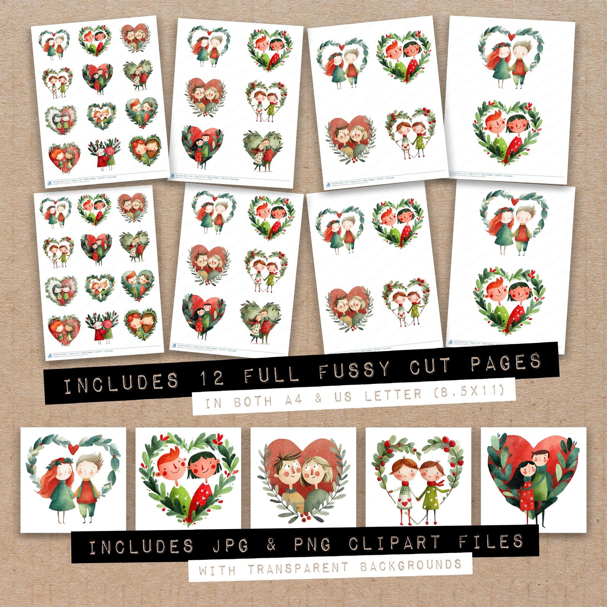 Full collection view of Christmas Love Couple fussy cut sheets with bonus clipart JPG and PNG files