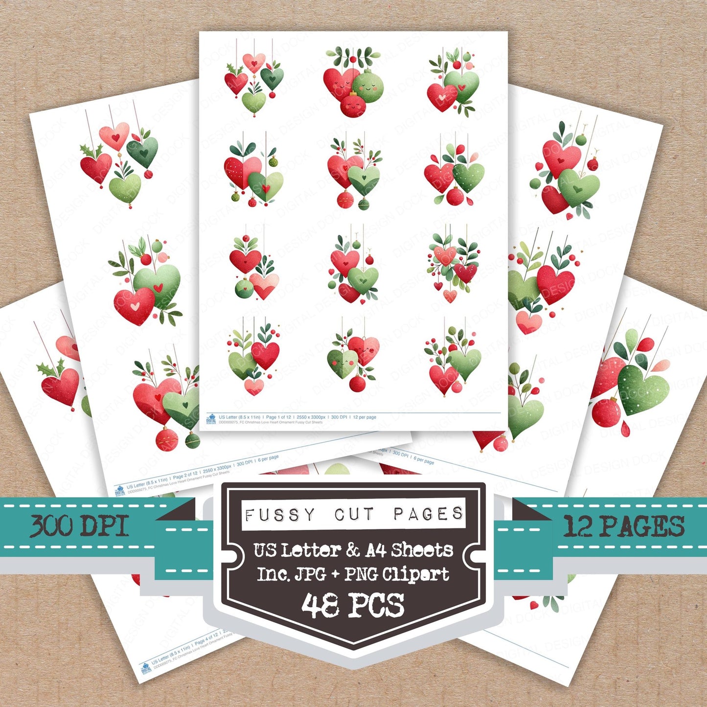 Christmas Love Heart Ornament fussy cut printable sheets for junk journaling, scrapbooking, and paper craft projects