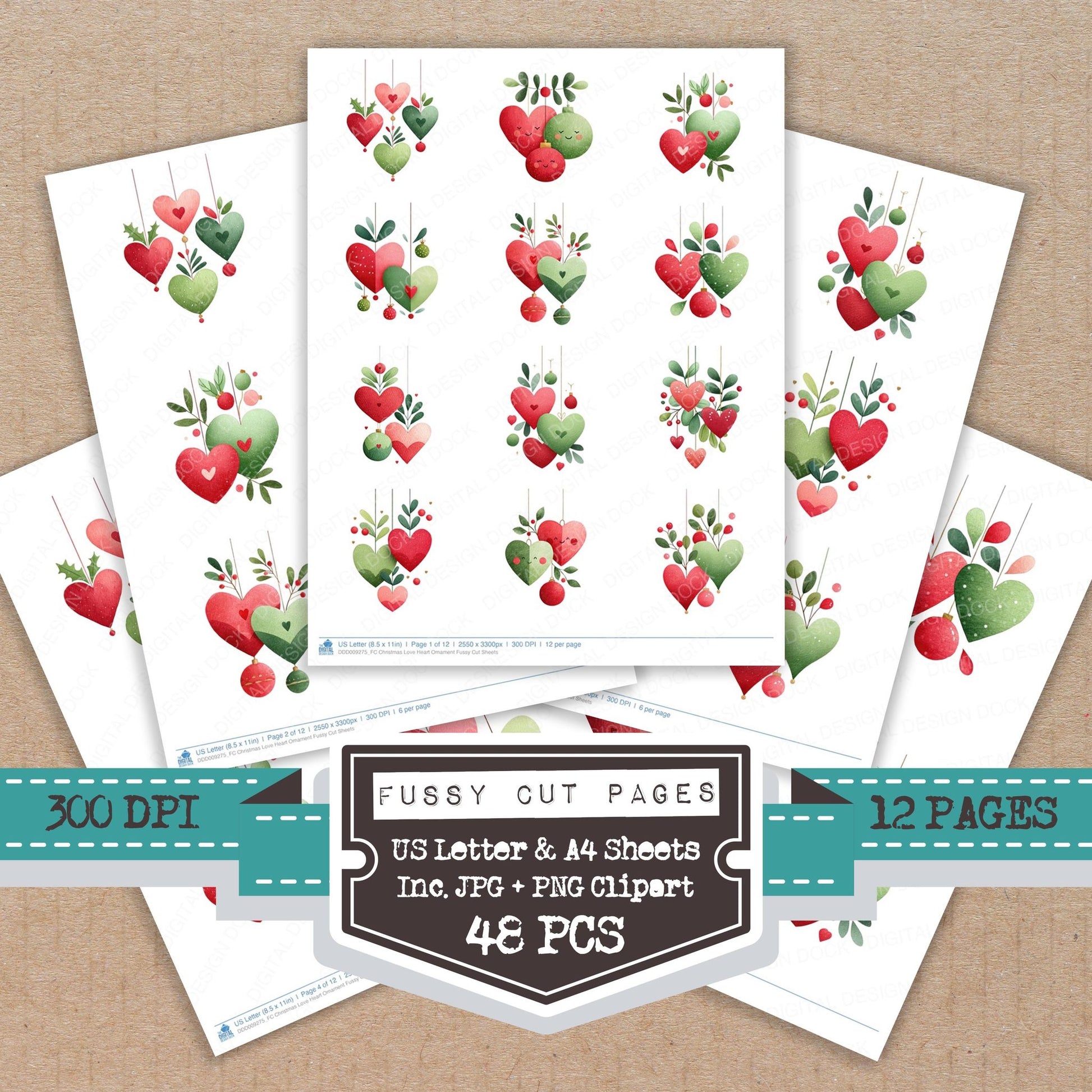 Christmas Love Heart Ornament fussy cut printable sheets for junk journaling, scrapbooking, and paper craft projects