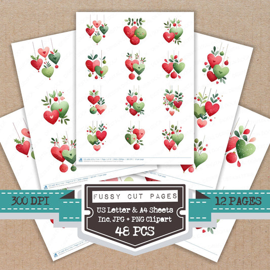 Christmas Love Heart Ornament fussy cut printable sheets for junk journaling, scrapbooking, and paper craft projects