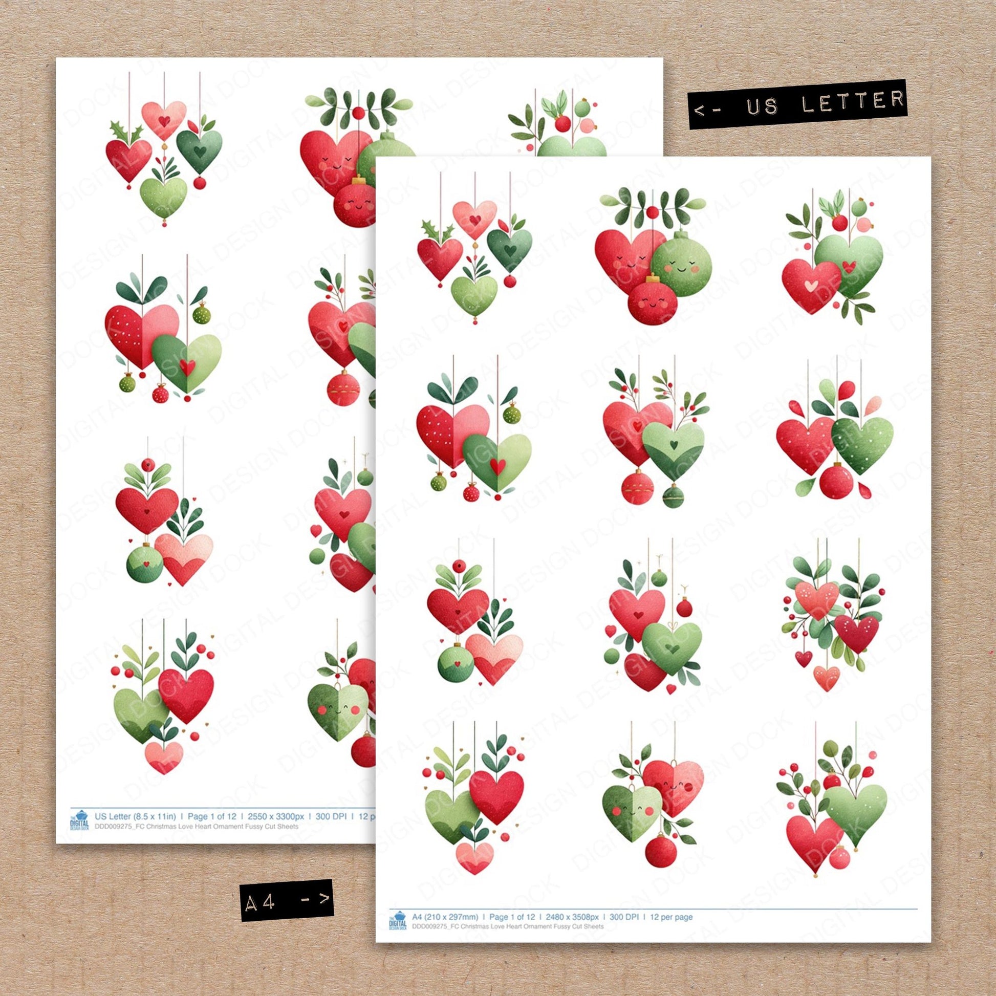 A4 and US Letter format comparison showing Christmas Love Heart Ornament fussy cut pages for print and cut crafting