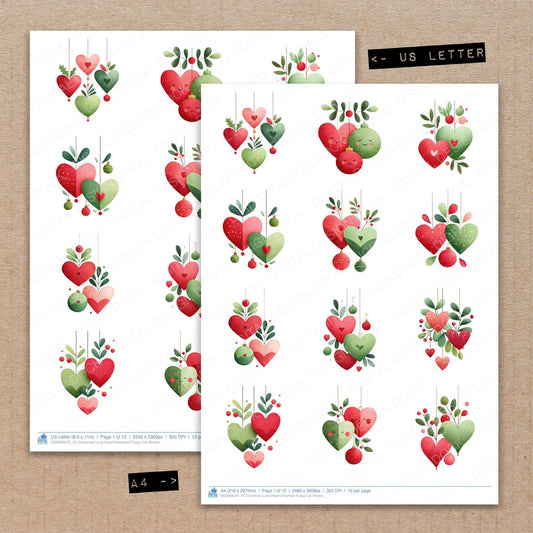 A4 and US Letter format comparison showing Christmas Love Heart Ornament fussy cut pages for print and cut crafting