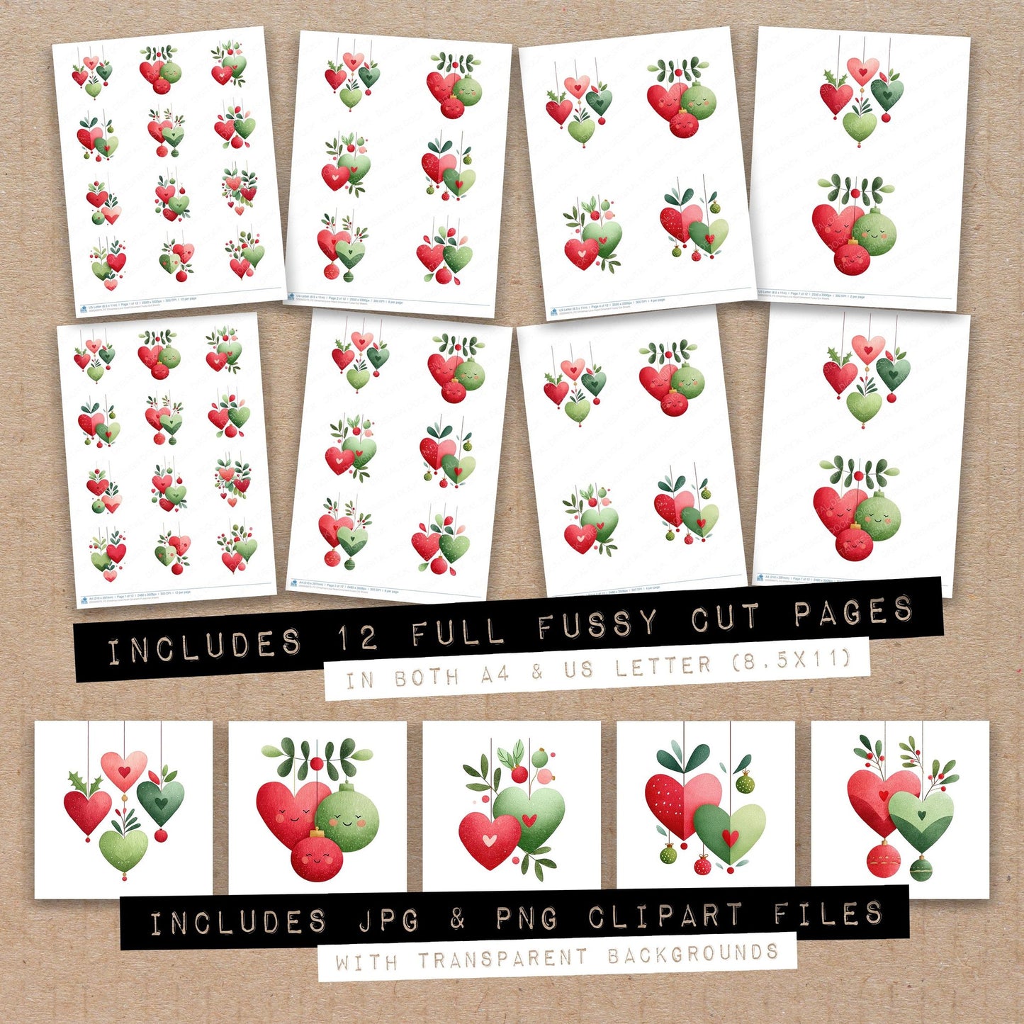 Full collection view of Christmas Love Heart Ornament fussy cut sheets with bonus clipart JPG and PNG files
