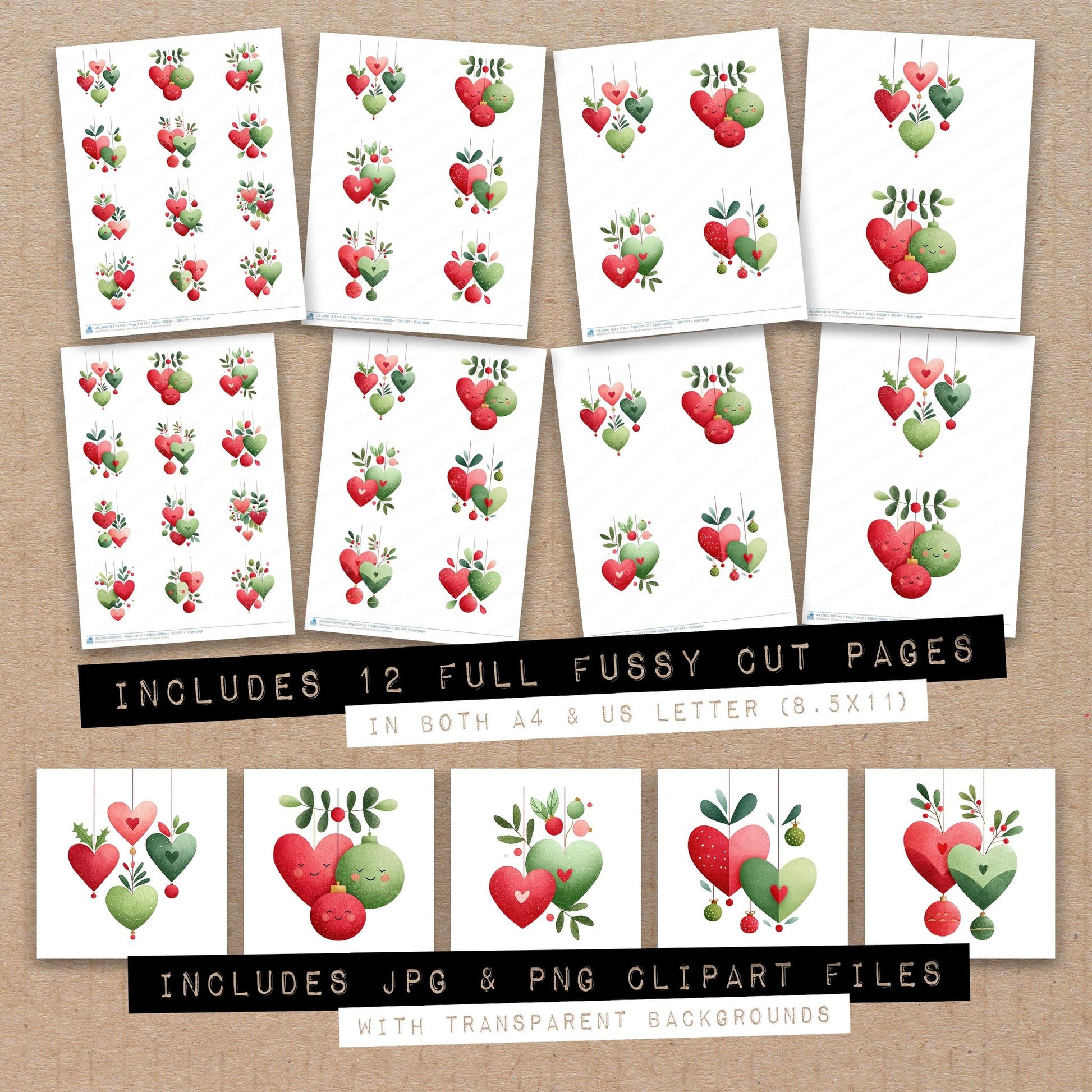 Full collection view of Christmas Love Heart Ornament fussy cut sheets with bonus clipart JPG and PNG files