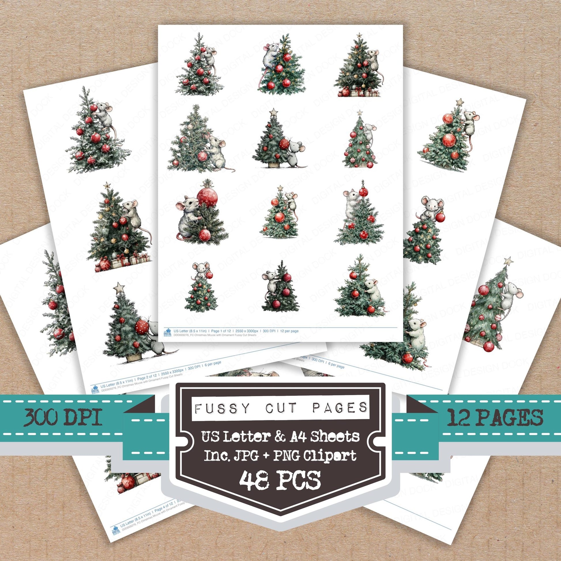 Christmas Mouse with Ornament fussy cut printable sheets for junk journaling, scrapbooking, and paper craft projects
