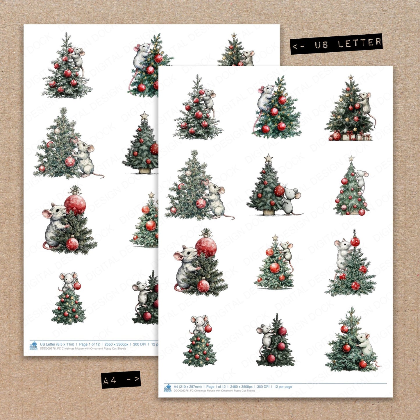 A4 and US Letter format comparison showing Christmas Mouse with Ornament fussy cut pages for print and cut crafting
