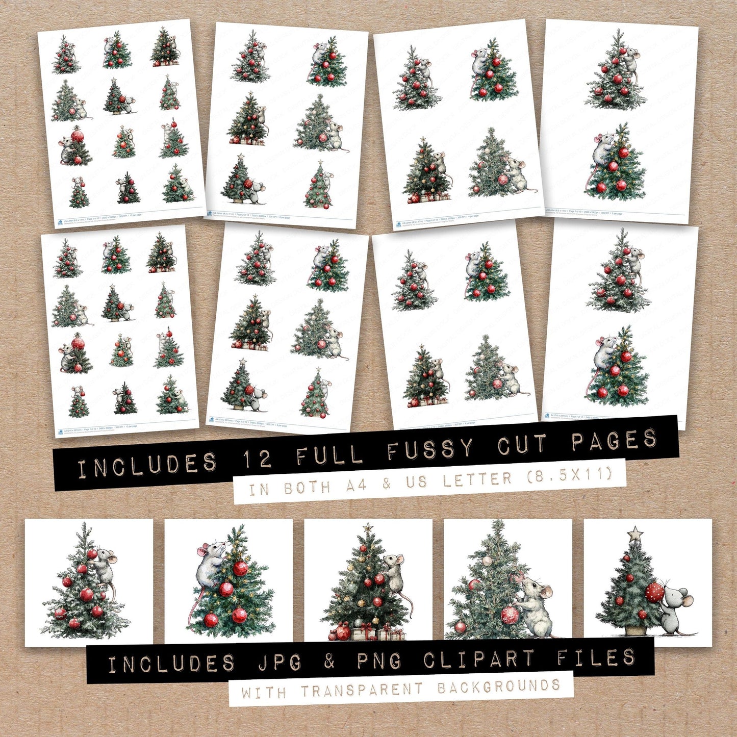 Full collection view of Christmas Mouse with Ornament fussy cut sheets with bonus clipart JPG and PNG files