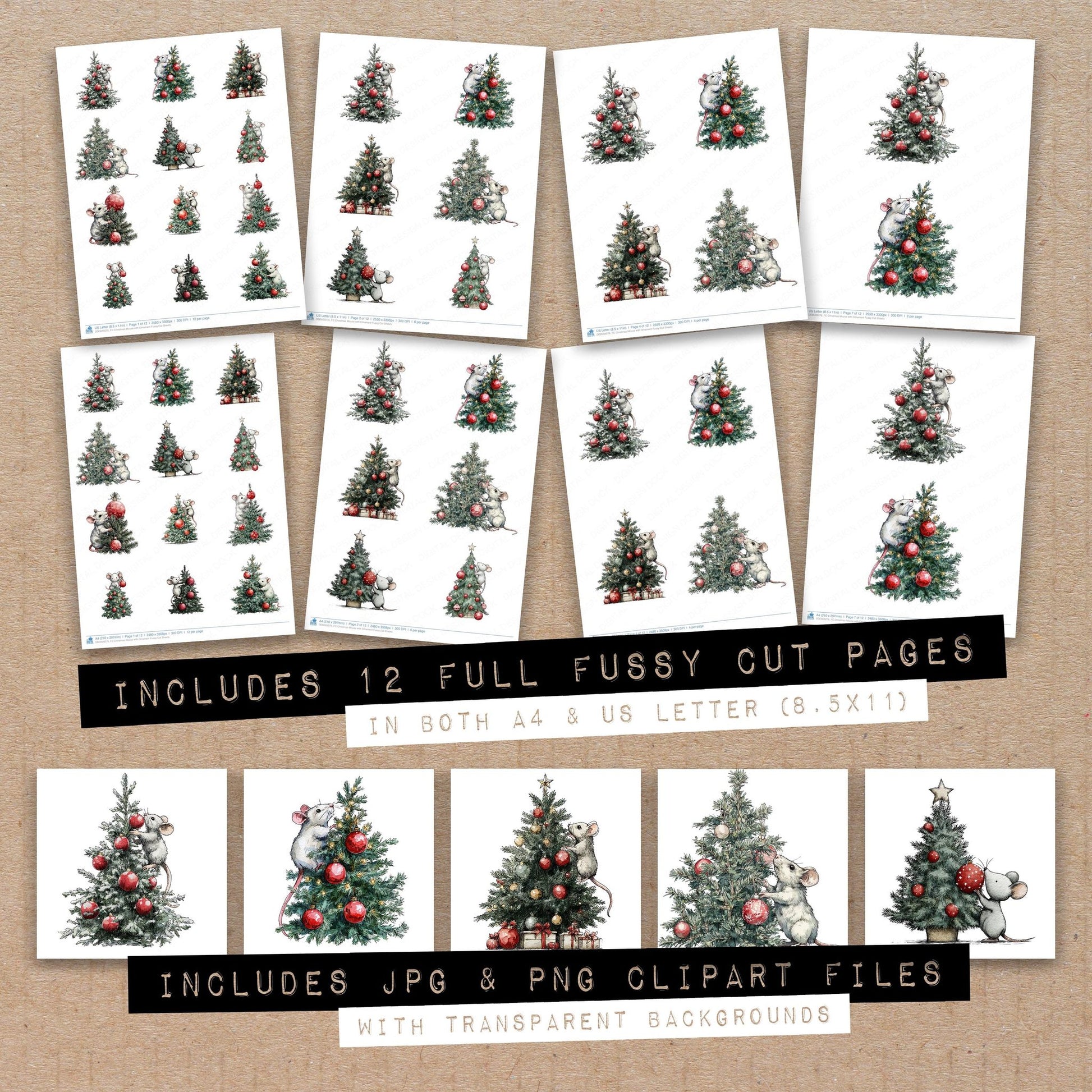 Full collection view of Christmas Mouse with Ornament fussy cut sheets with bonus clipart JPG and PNG files
