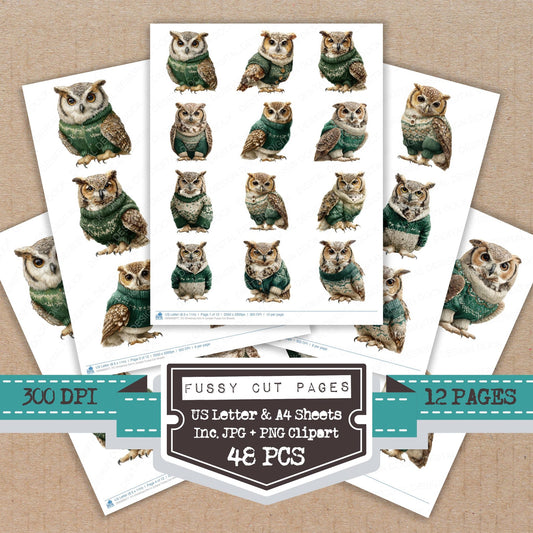 Christmas Owl in Jumper fussy cut printable sheets for junk journaling, scrapbooking, and paper craft projects