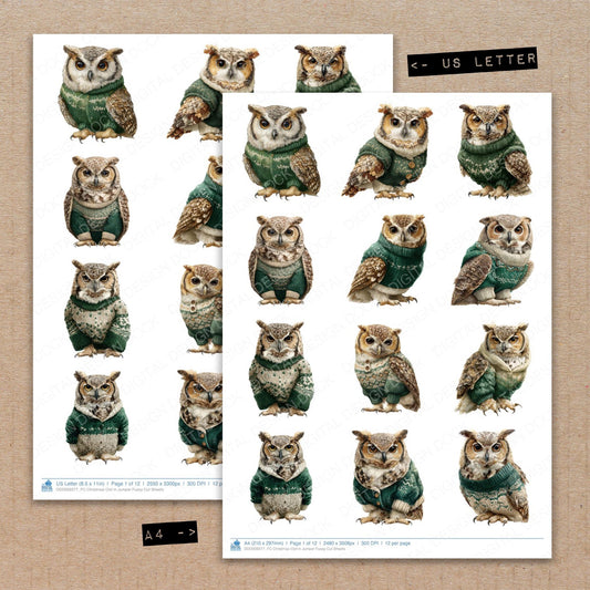 A4 and US Letter format comparison showing Christmas Owl in Jumper fussy cut pages for print and cut crafting