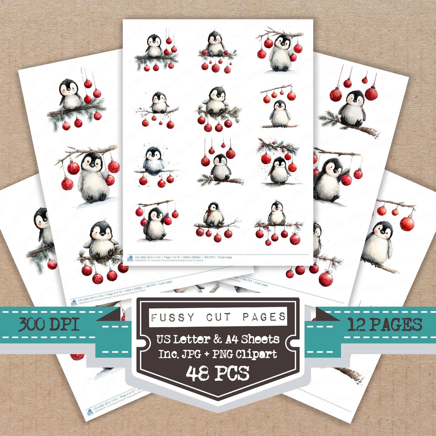 Christmas Penguin Hanging Baubles fussy cut printable sheets for junk journaling, scrapbooking, and paper craft projects
