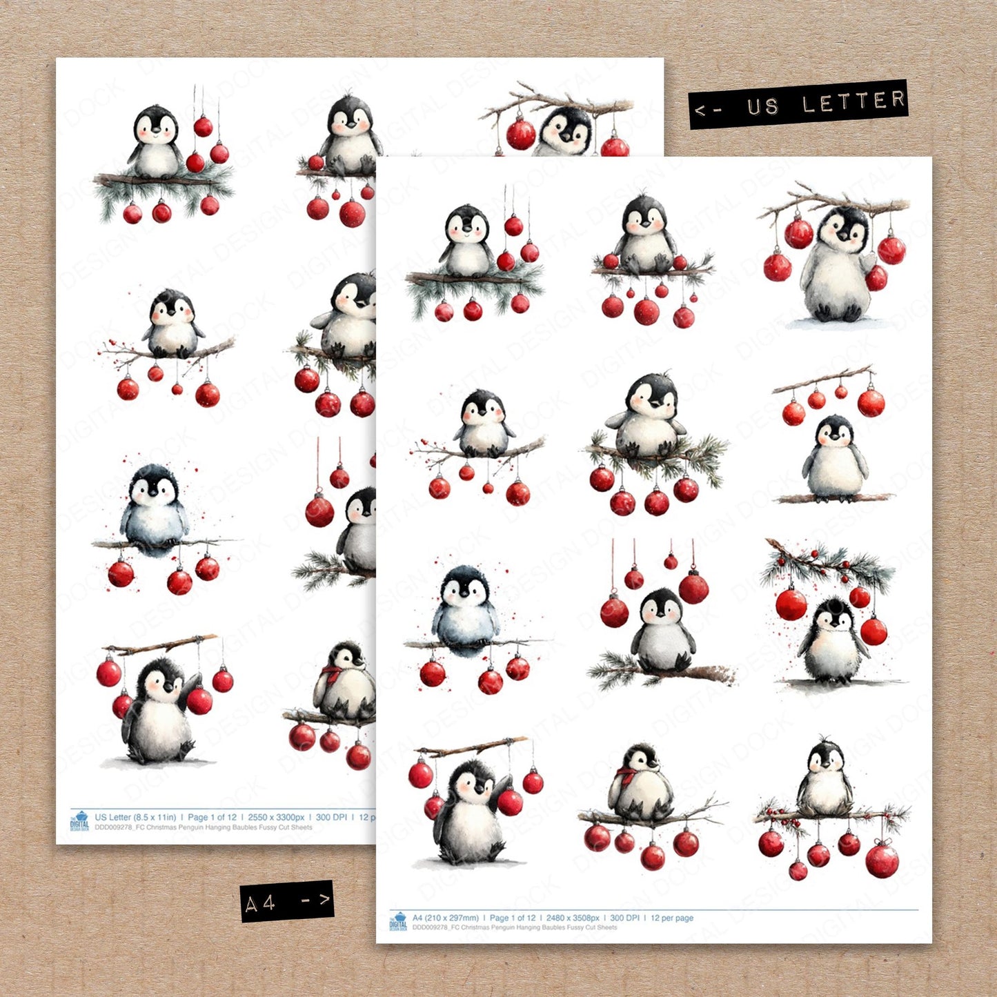 A4 and US Letter format comparison showing Christmas Penguin Hanging Baubles fussy cut pages for print and cut crafting