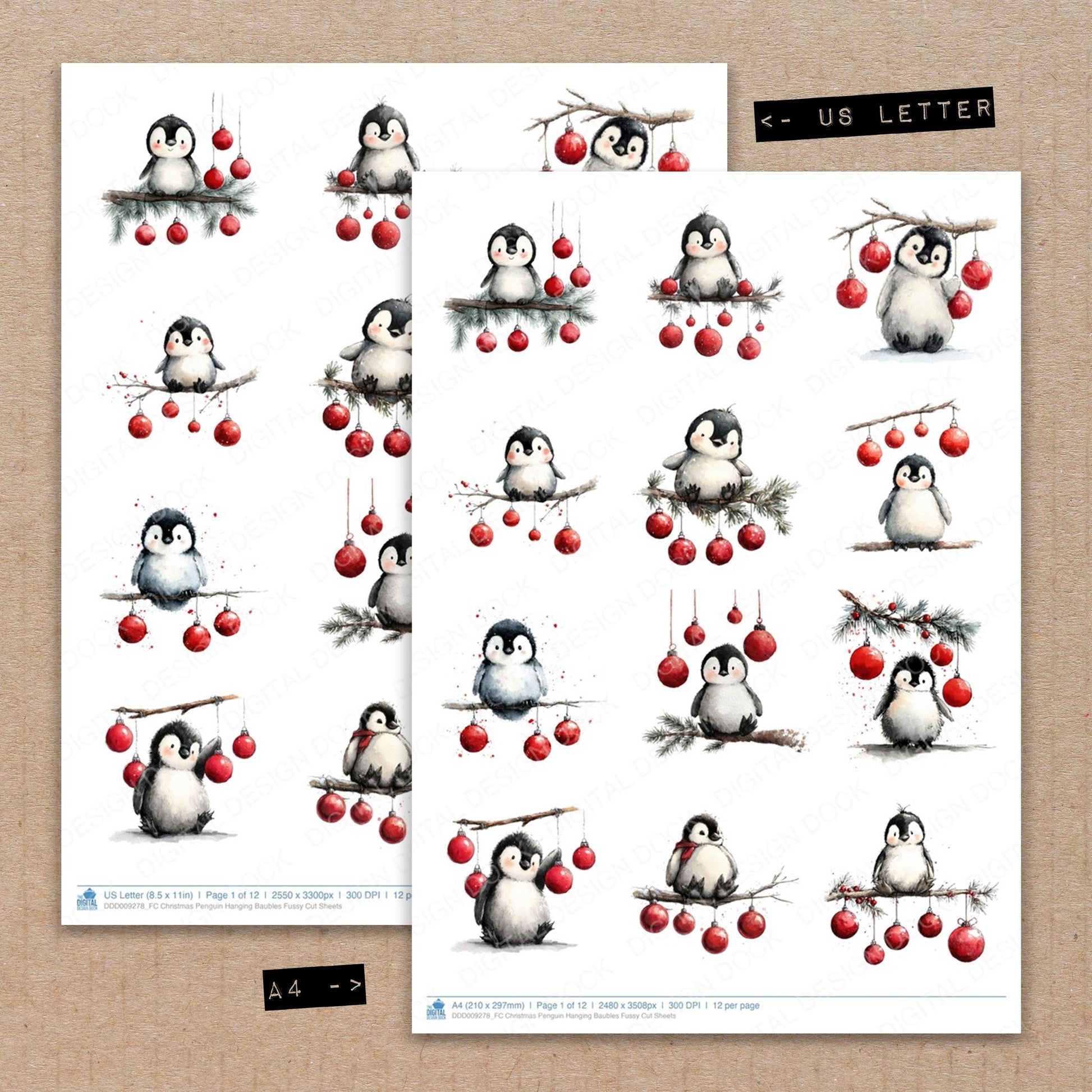 A4 and US Letter format comparison showing Christmas Penguin Hanging Baubles fussy cut pages for print and cut crafting