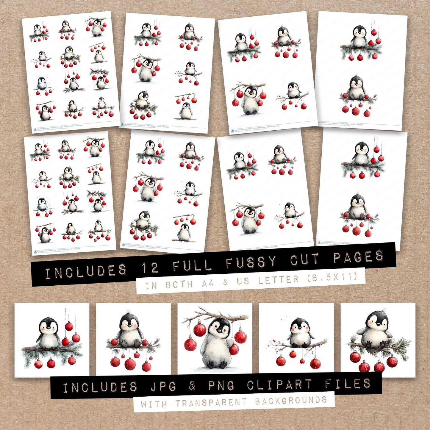 Full collection view of Christmas Penguin Hanging Baubles fussy cut sheets with bonus clipart JPG and PNG files