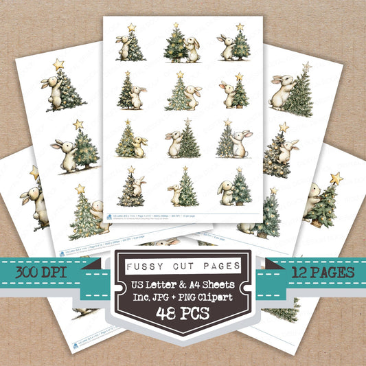 Christmas Rabbit Decorating Tree fussy cut printable sheets for junk journaling, scrapbooking, and paper craft projects