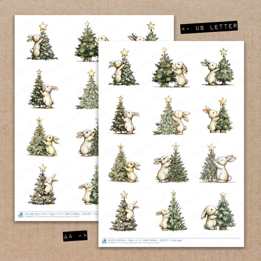 A4 and US Letter format comparison showing Christmas Rabbit Decorating Tree fussy cut pages for print and cut crafting