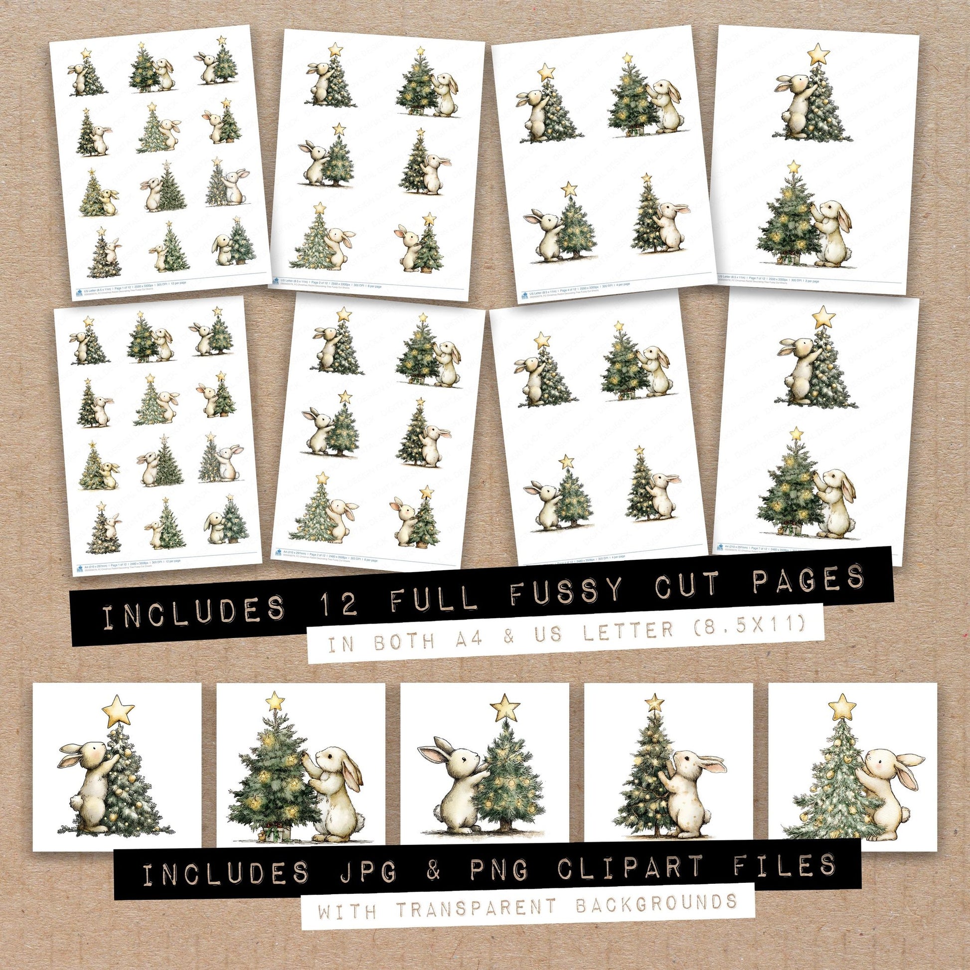 Full collection view of Christmas Rabbit Decorating Tree fussy cut sheets with bonus clipart JPG and PNG files