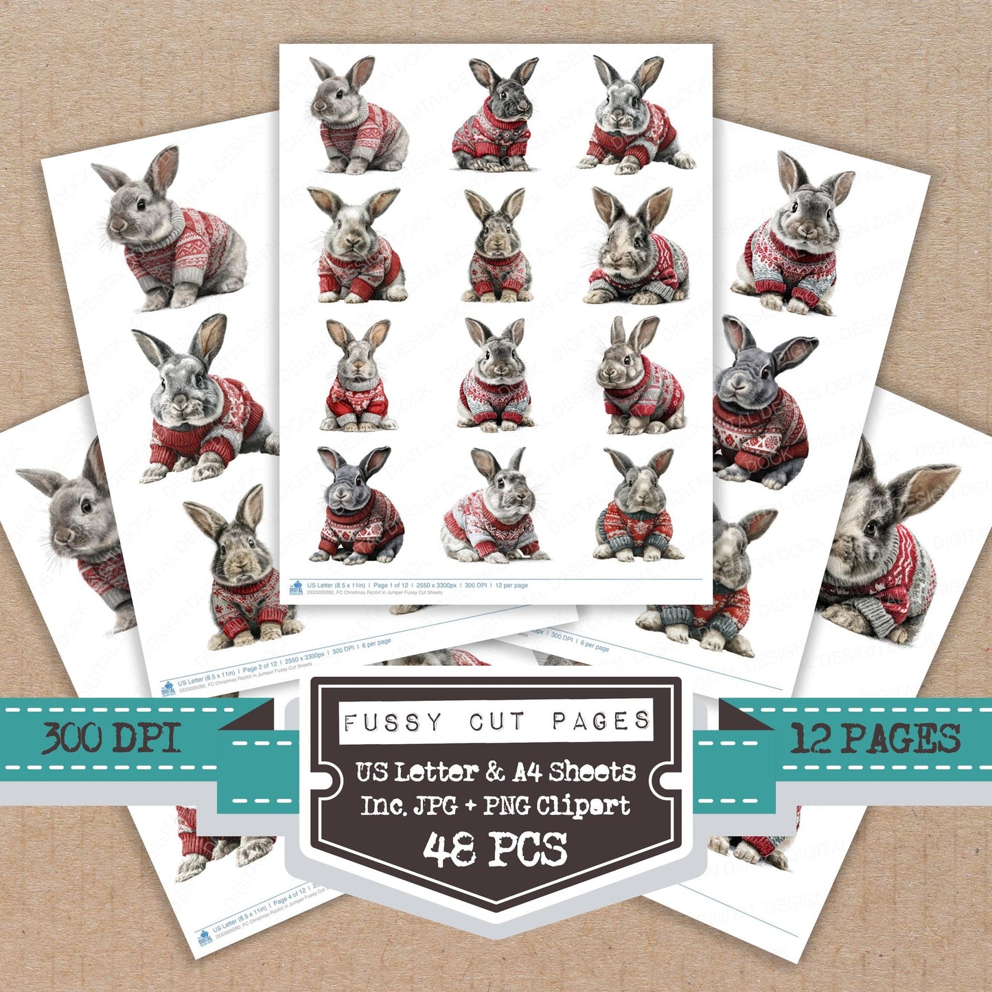 Christmas Rabbit in Jumper fussy cut printable sheets for junk journaling, scrapbooking, and paper craft projects