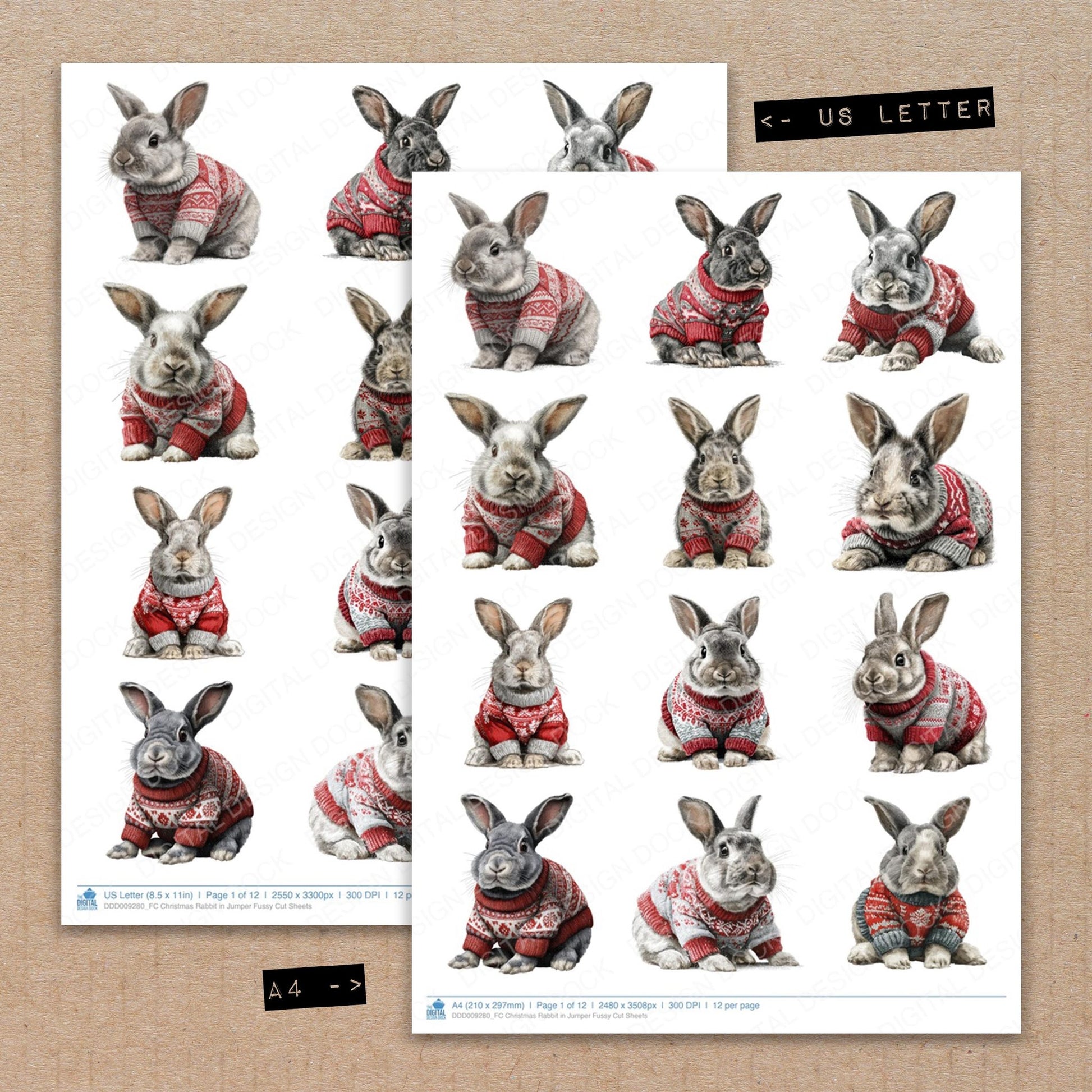 A4 and US Letter format comparison showing Christmas Rabbit in Jumper fussy cut pages for print and cut crafting