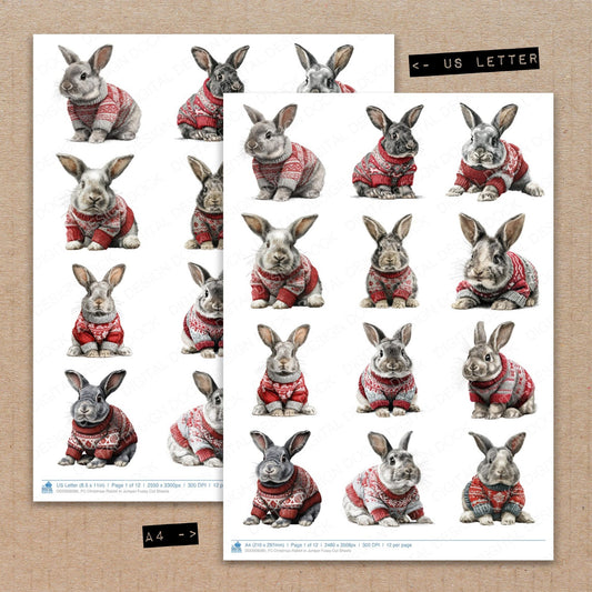 A4 and US Letter format comparison showing Christmas Rabbit in Jumper fussy cut pages for print and cut crafting