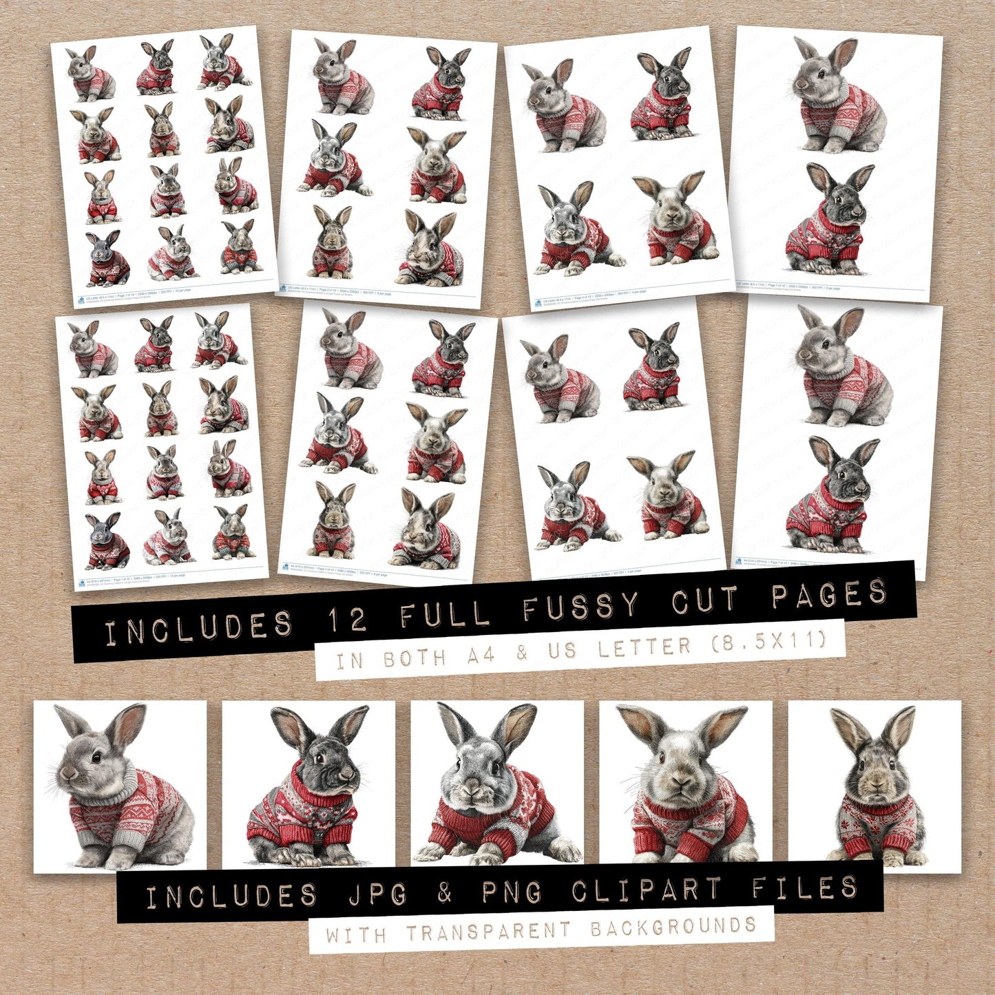 Full collection view of Christmas Rabbit in Jumper fussy cut sheets with bonus clipart JPG and PNG files