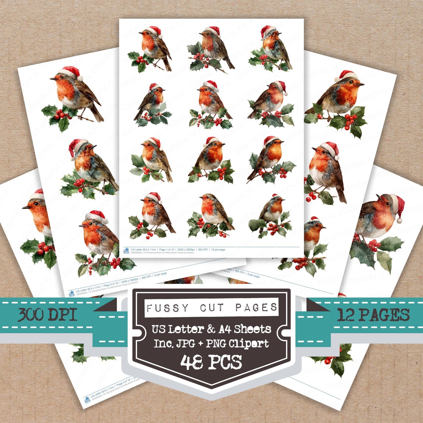 Christmas Robin on Holly Branch fussy cut printable sheets for junk journaling, scrapbooking, and paper craft projects