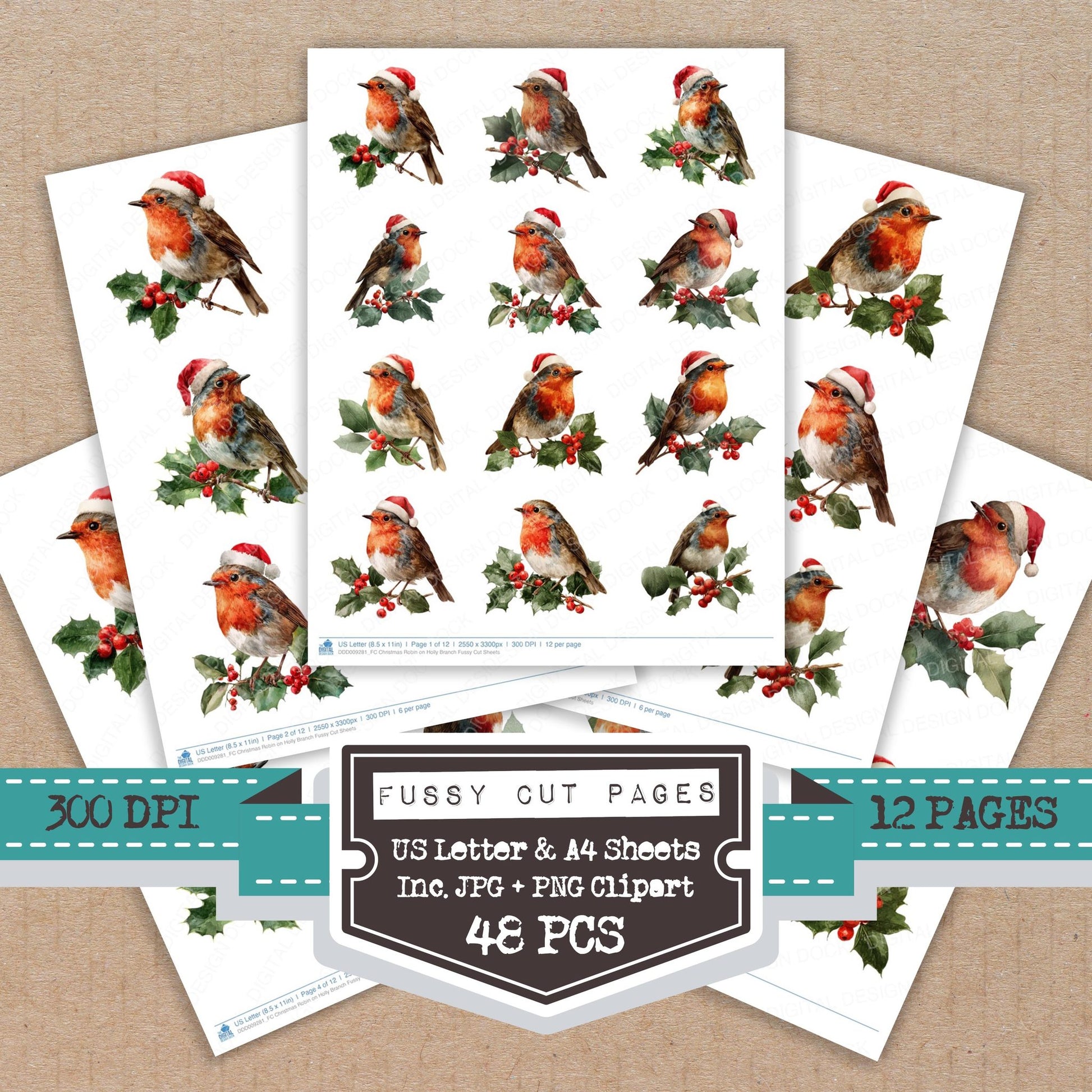 Christmas Robin on Holly Branch fussy cut printable sheets for junk journaling, scrapbooking, and paper craft projects